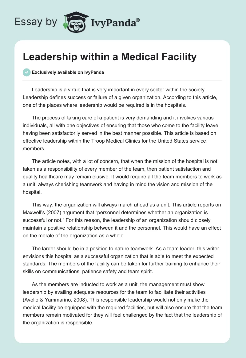 Leadership within a Medical Facility. Page 1