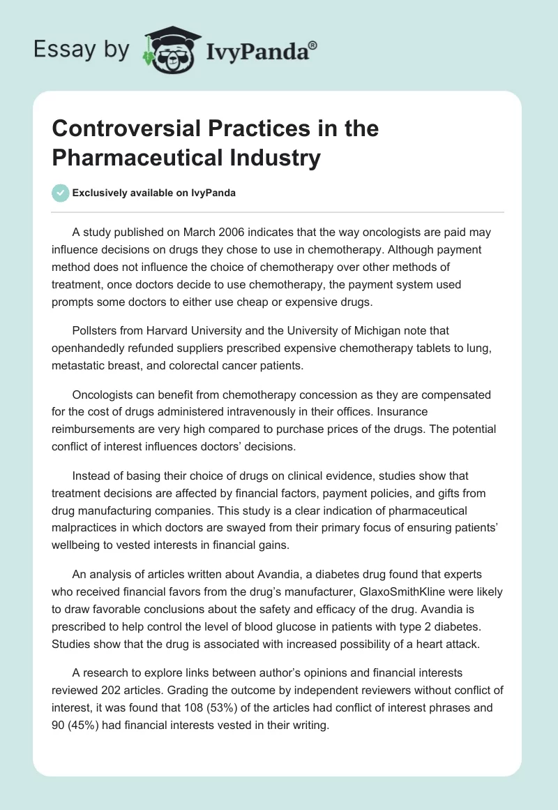 Controversial Practices in the Pharmaceutical Industry. Page 1