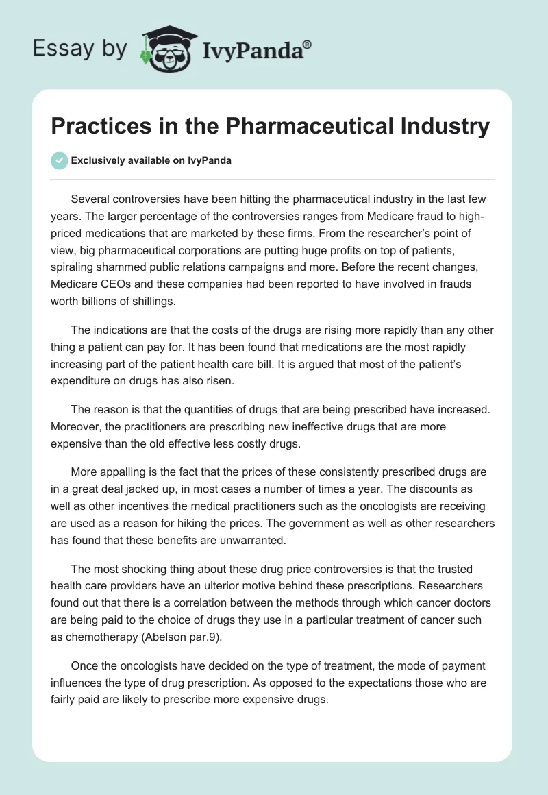 Practices in the Pharmaceutical Industry. Page 1