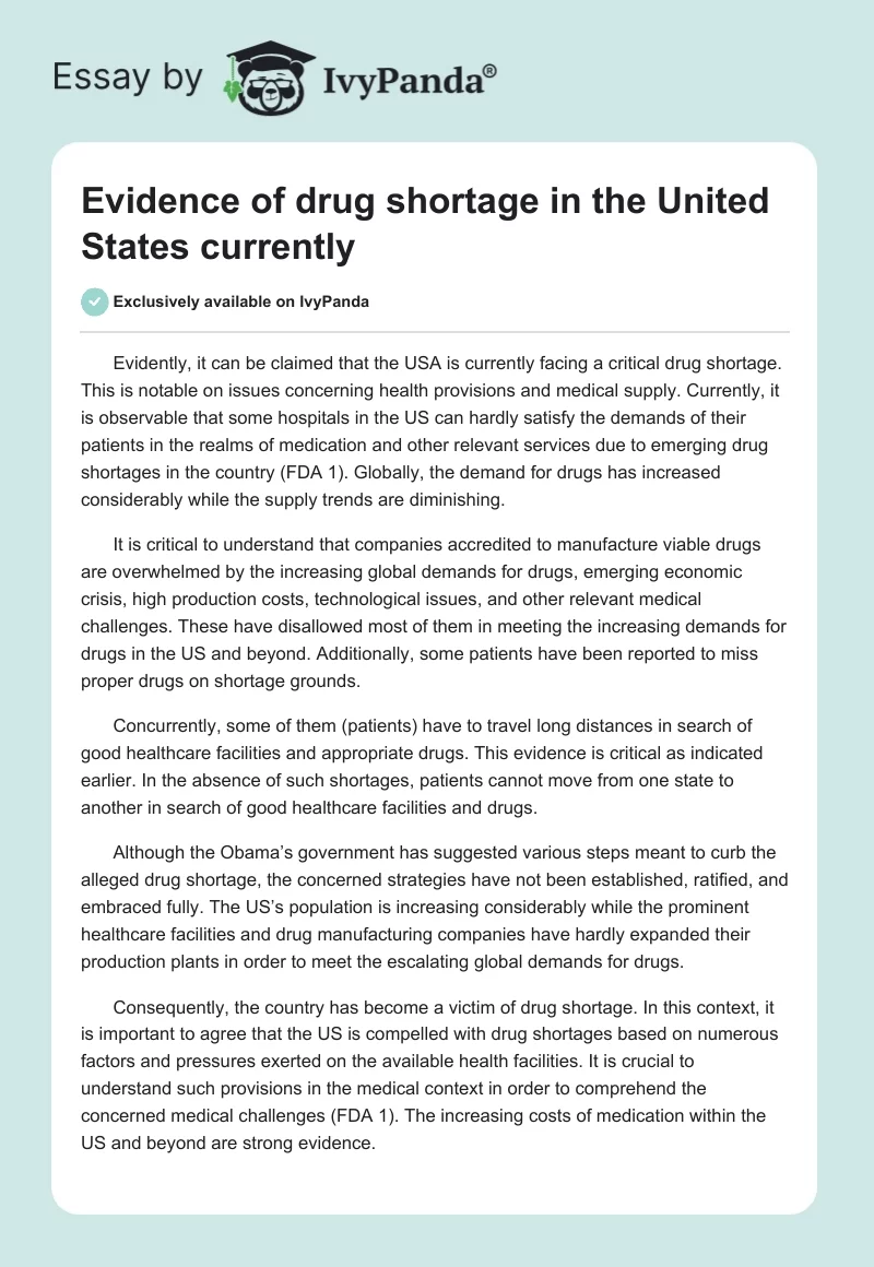 Evidence of drug shortage in the United States currently. Page 1