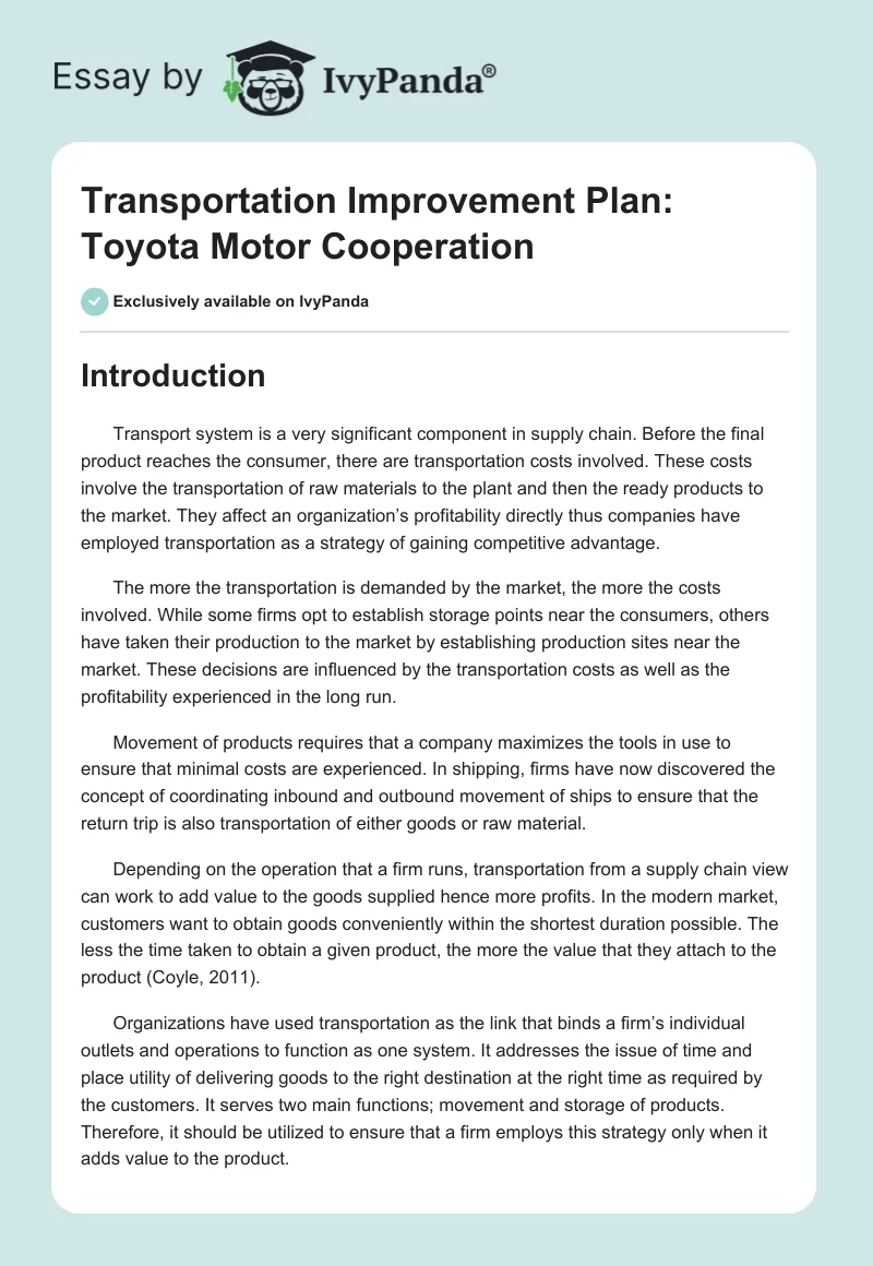 Transportation Improvement Plan: Toyota Motor Cooperation. Page 1