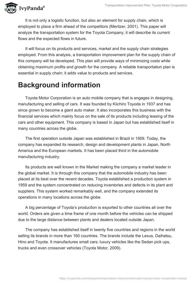 Transportation Improvement Plan: Toyota Motor Cooperation. Page 2