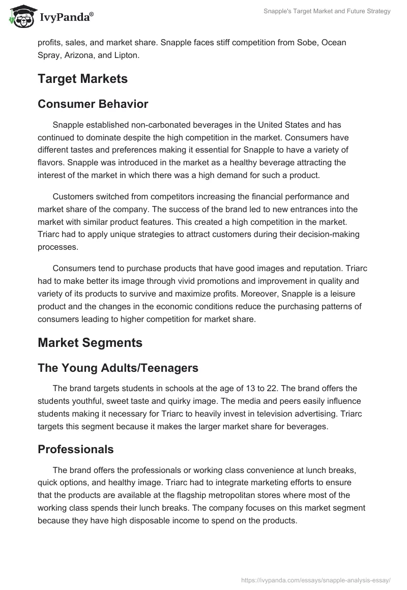 Snapple's Target Market and Future Strategy. Page 3