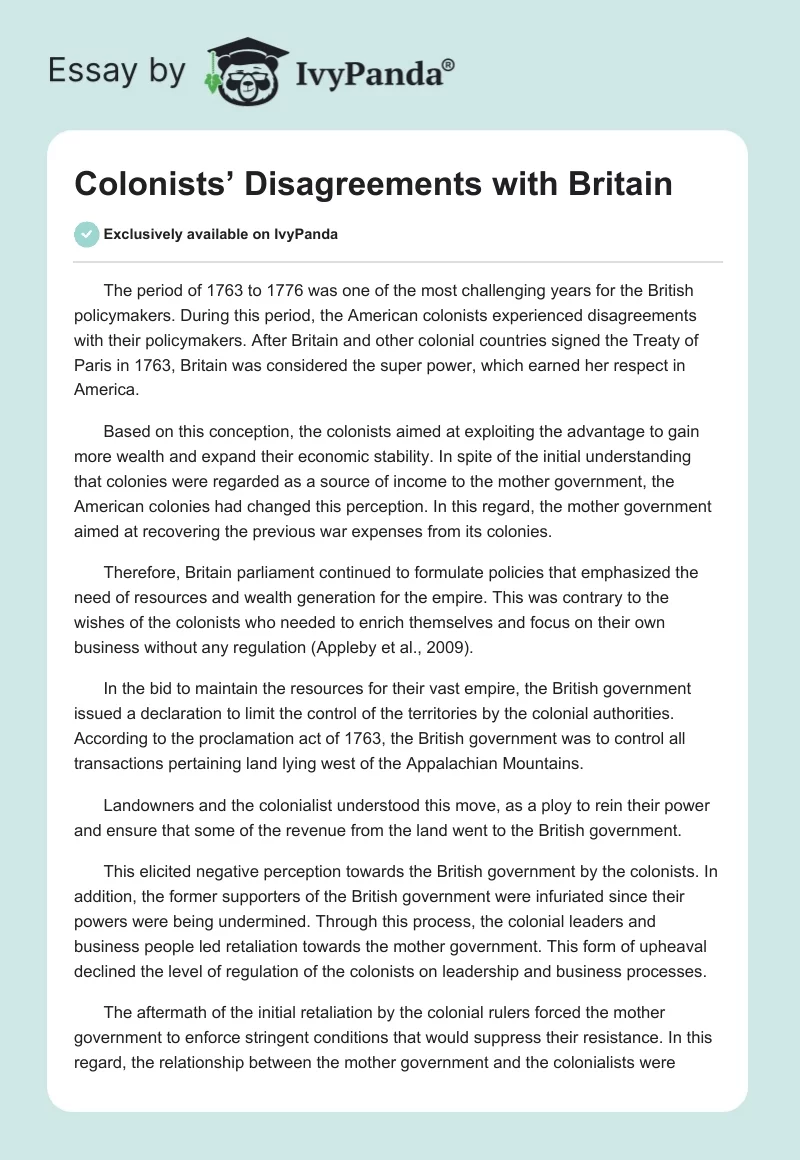 Colonists’ Disagreements with Britain. Page 1