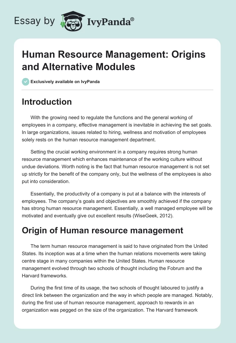Human Resource Management: Origins and Alternative Modules. Page 1