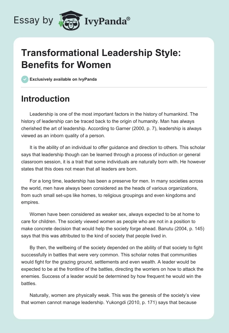 Transformational Leadership Style: Benefits for Women. Page 1