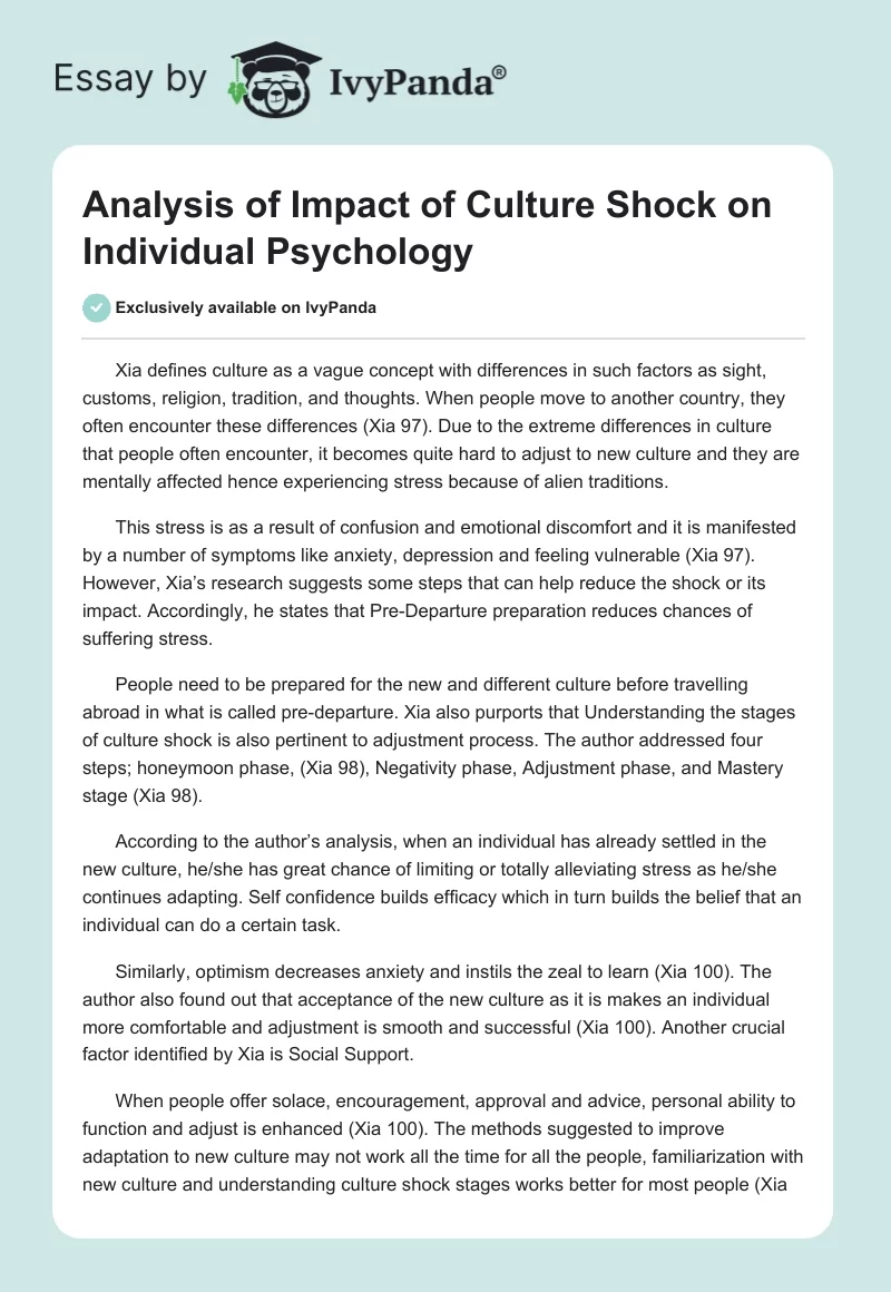 Analysis of Impact of Culture Shock on Individual Psychology. Page 1