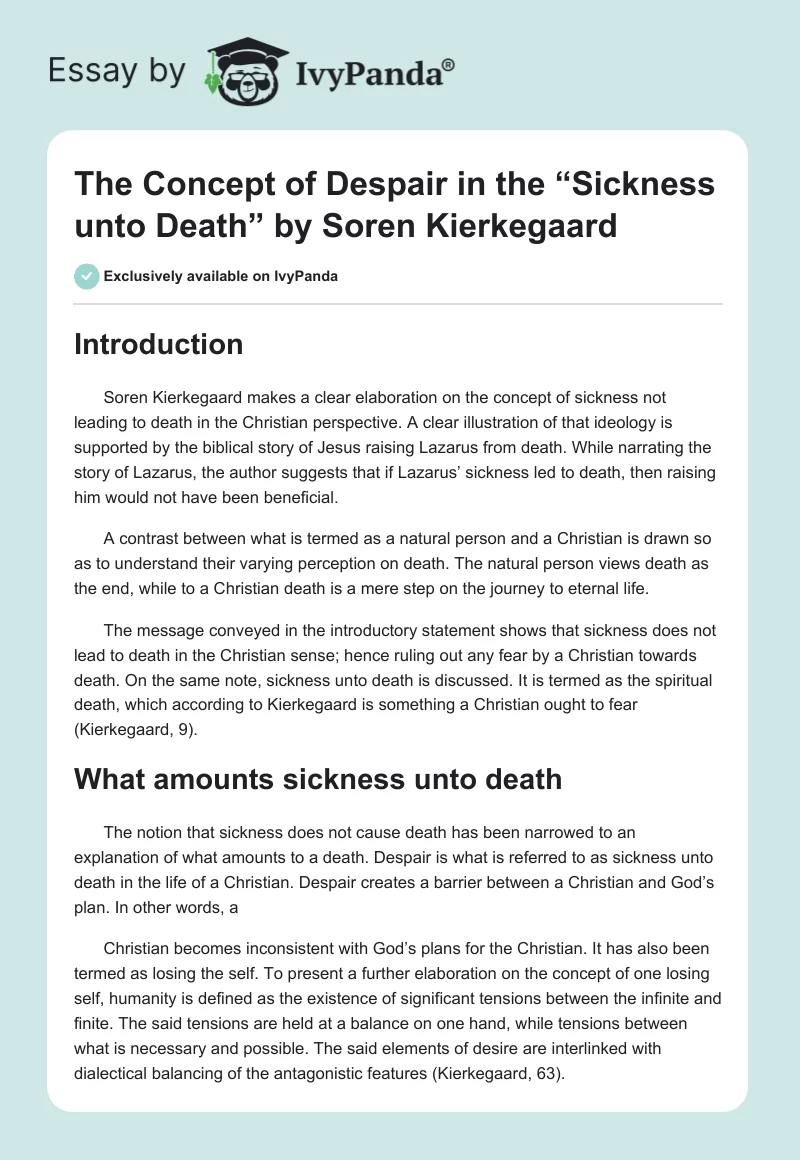 The Concept of Despair in the “Sickness unto Death” by Soren Kierkegaard. Page 1