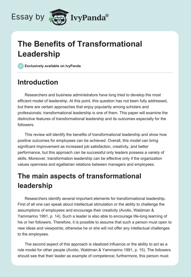 transformational leadership introduction essay