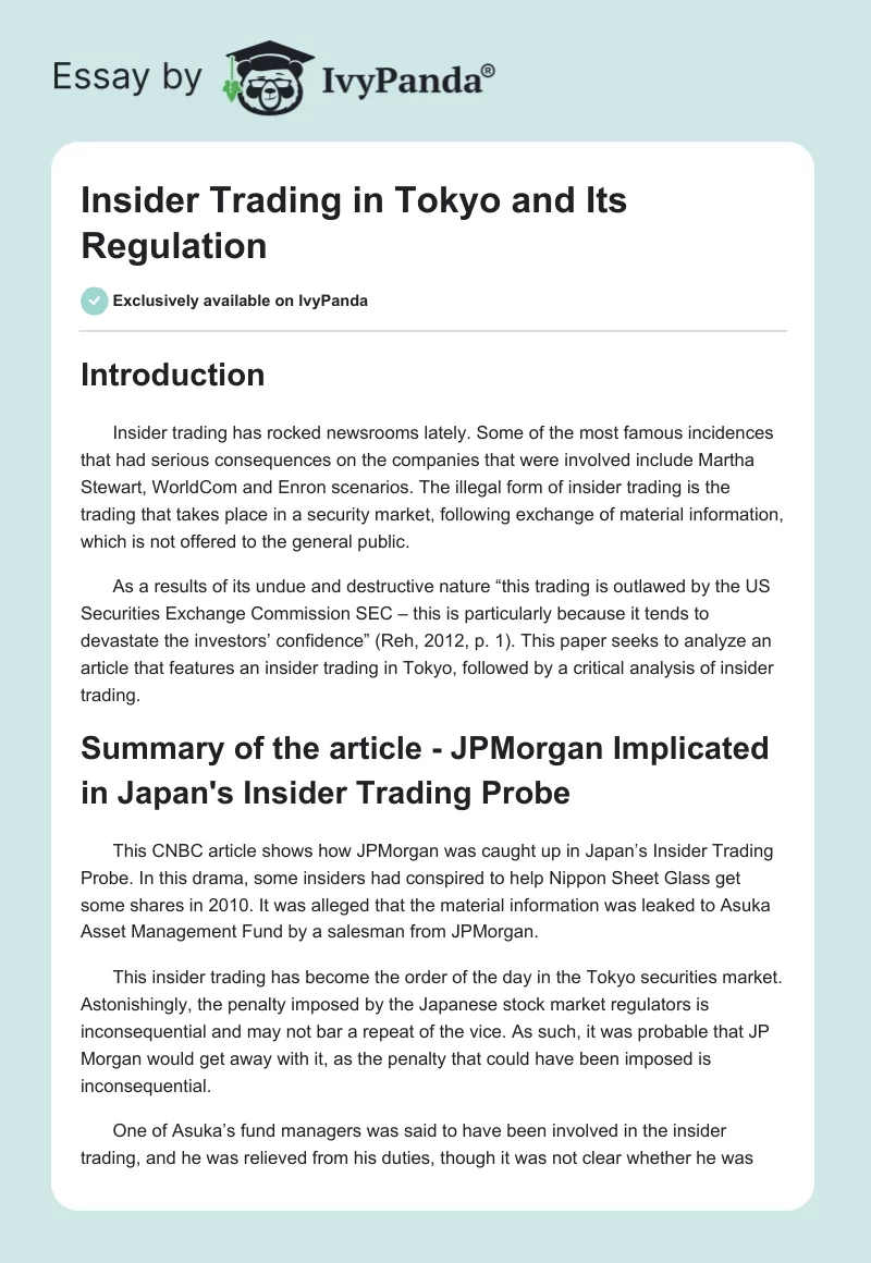 Insider Trading in Tokyo and Its Regulation. Page 1