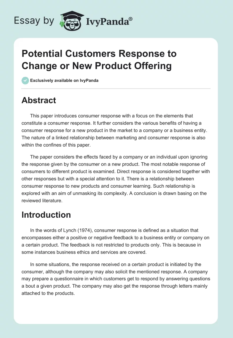 Potential Customers Response to Change or New Product Offering. Page 1