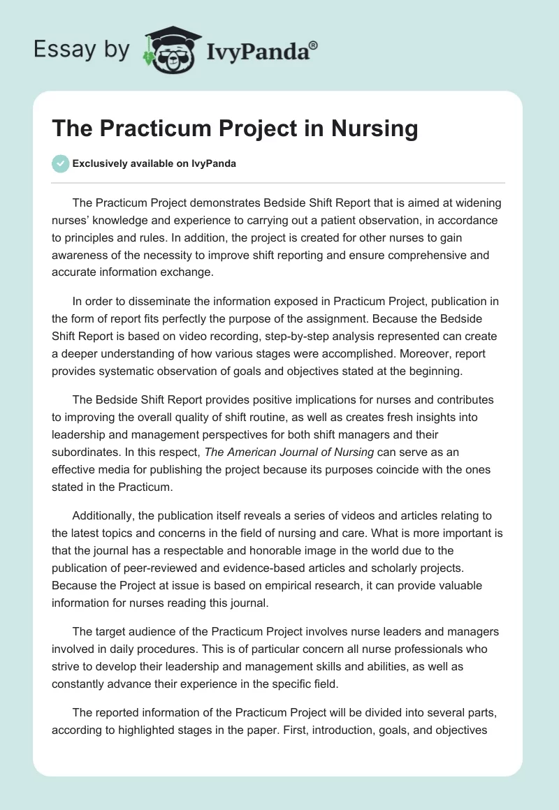 The Practicum Project in Nursing. Page 1