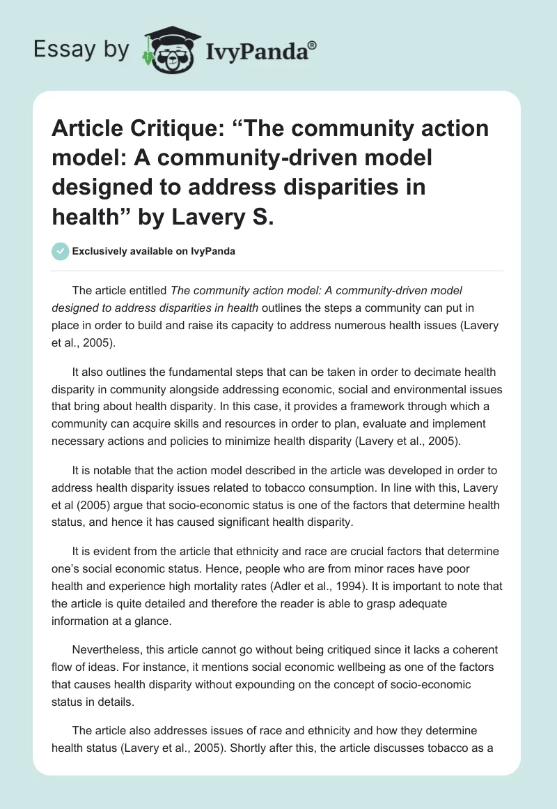 Article Critique: “The community action model: A community-driven model designed to address disparities in health” by Lavery S.. Page 1