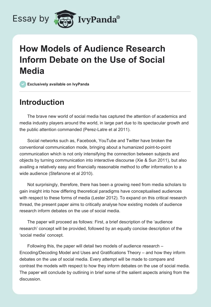 How Models of Audience Research Inform Debate on the Use of Social Media. Page 1
