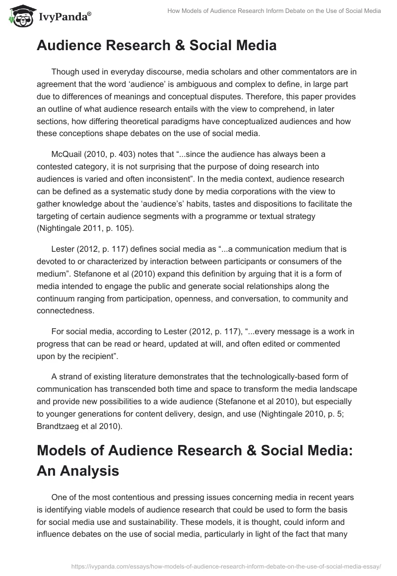 How Models of Audience Research Inform Debate on the Use of Social Media. Page 2