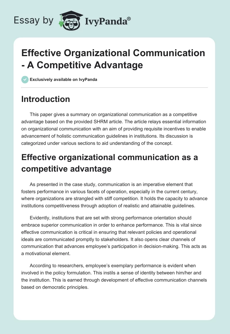 Effective Organizational Communication - A Competitive Advantage. Page 1