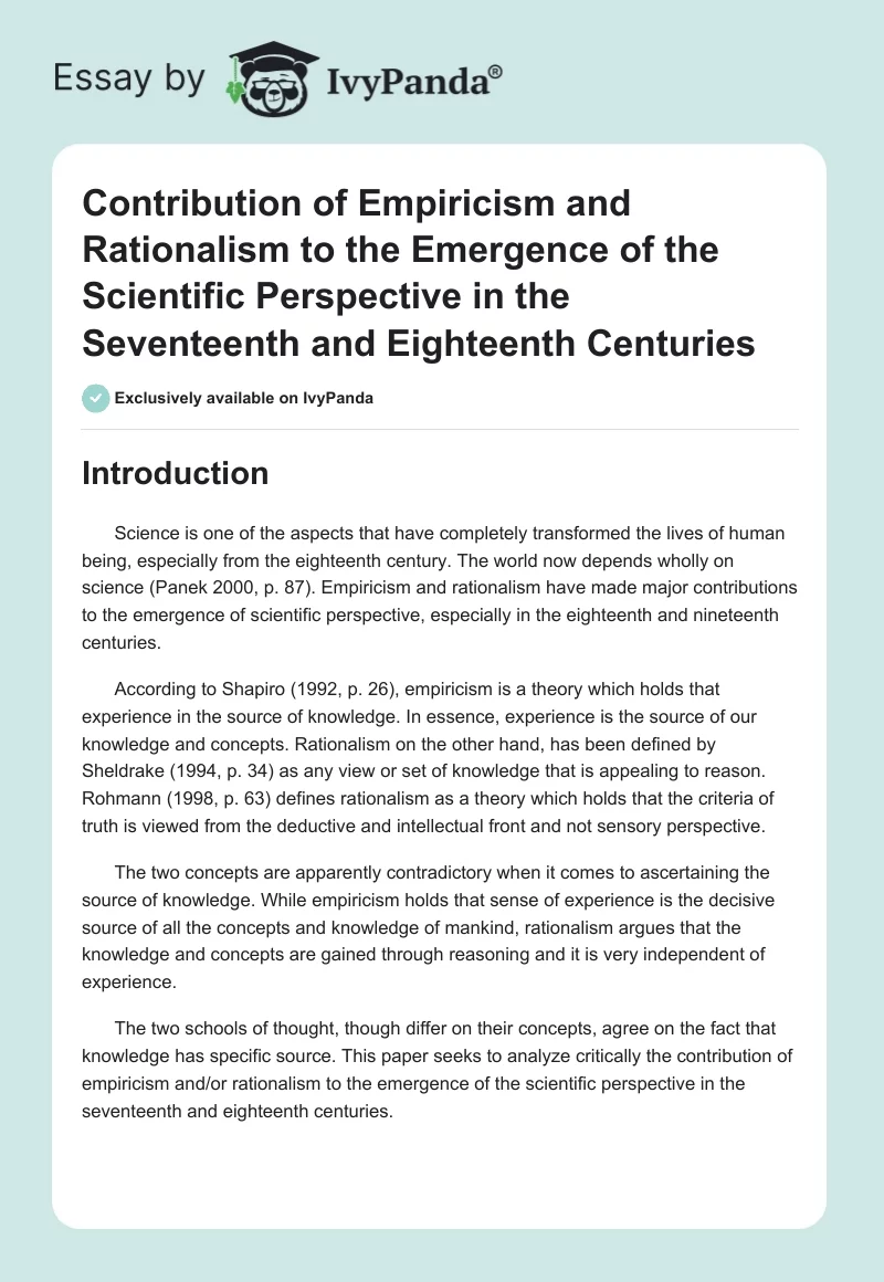 Contribution of Empiricism and Rationalism to the Emergence of the Scientific Perspective in the Seventeenth and Eighteenth Centuries. Page 1