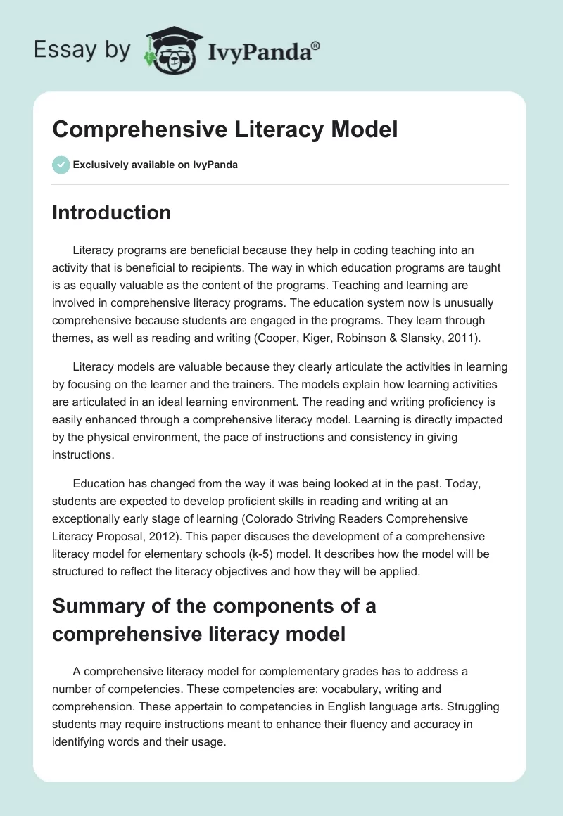 Comprehensive Literacy Model. Page 1