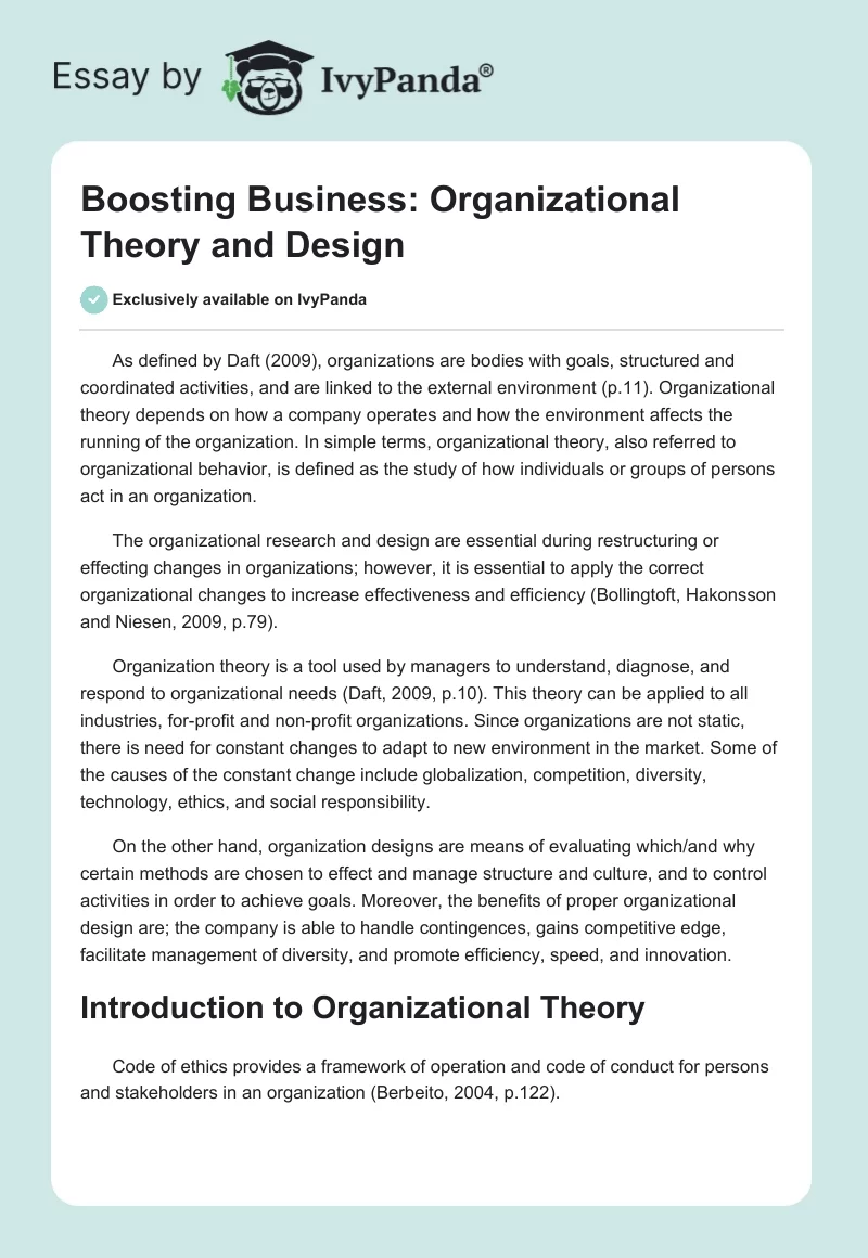 Boosting Business: Organizational Theory and Design. Page 1