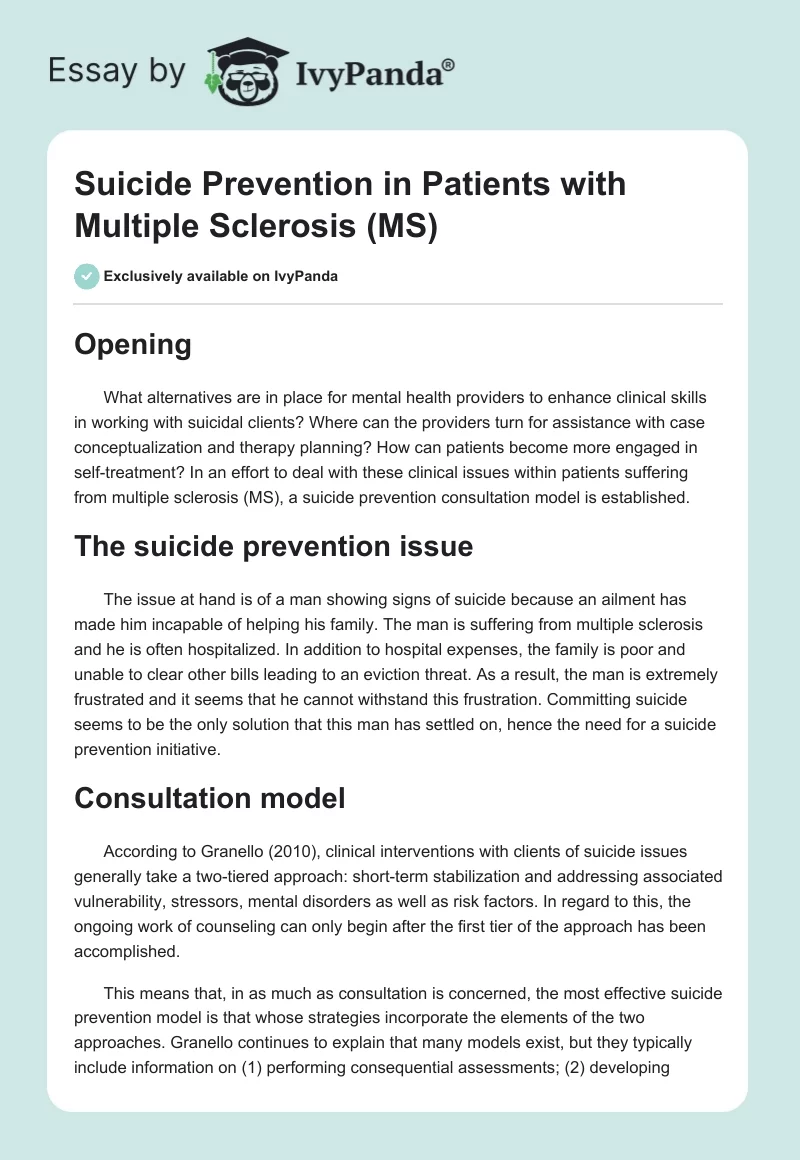 Suicide Prevention in Patients with Multiple Sclerosis (MS). Page 1