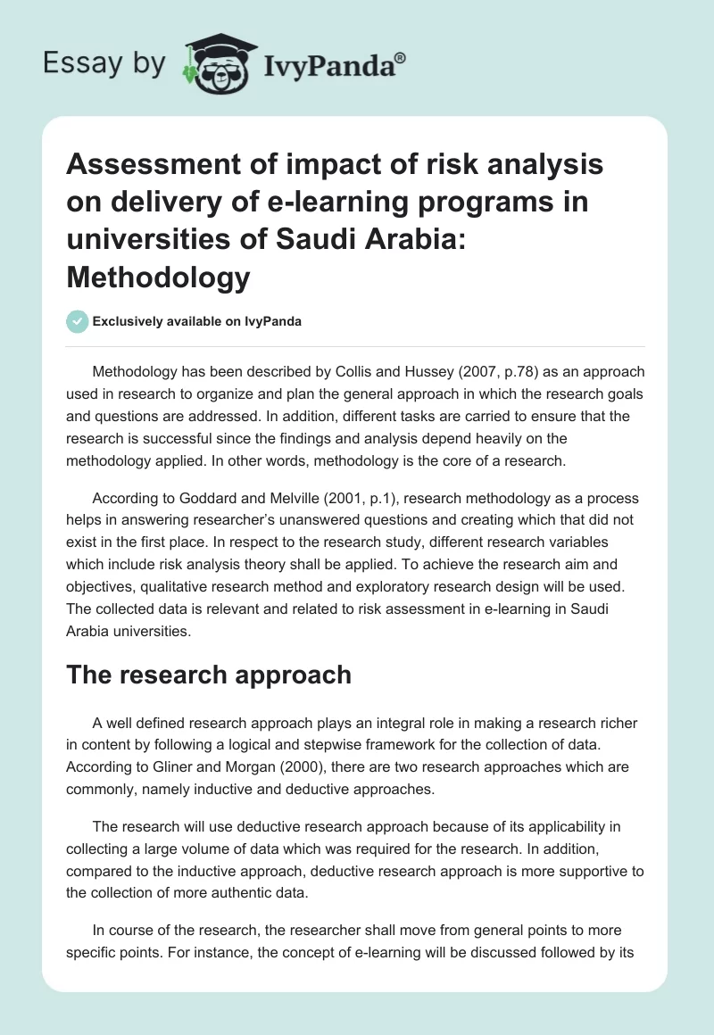 Assessment of impact of risk analysis on delivery of e-learning programs in universities of Saudi Arabia: Methodology. Page 1