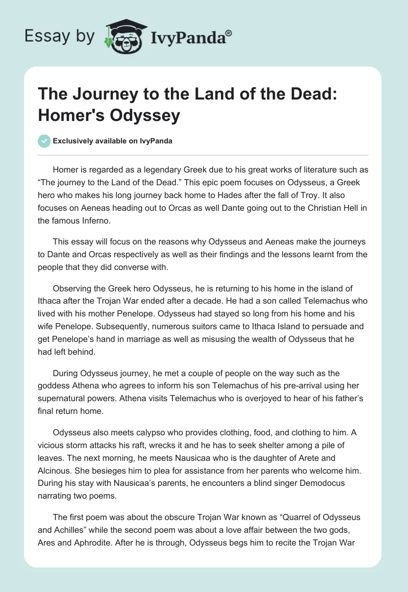 The Journey to the Land of the Dead: Homer's "The Odyssey". Page 1