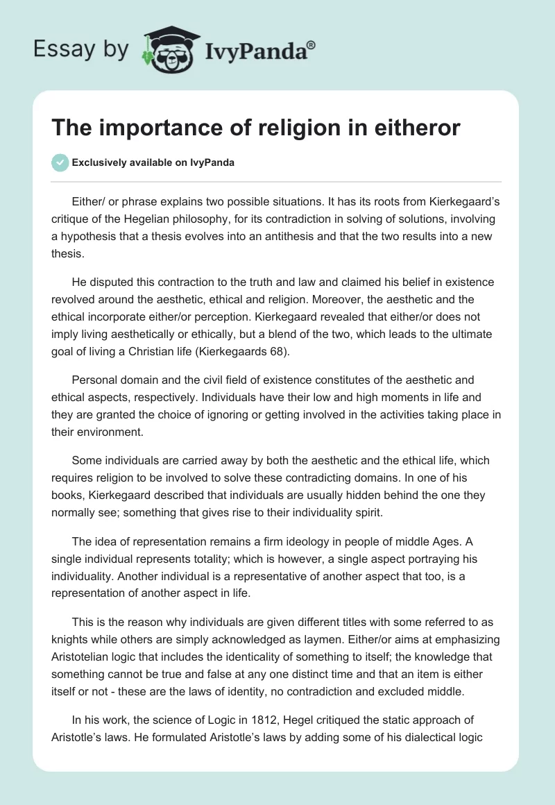 The importance of religion in eitheror. Page 1