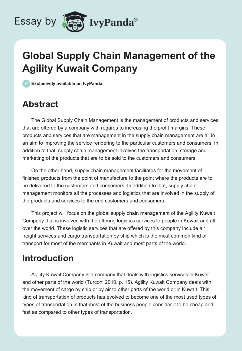 Global Supply Chain Management of the Agility Kuwait Company. Page 1