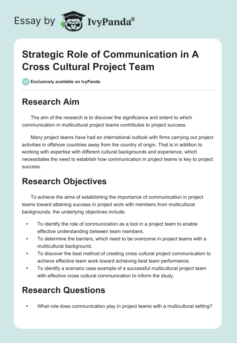 Strategic Role of Communication in a Cross Cultural Project Team. Page 1