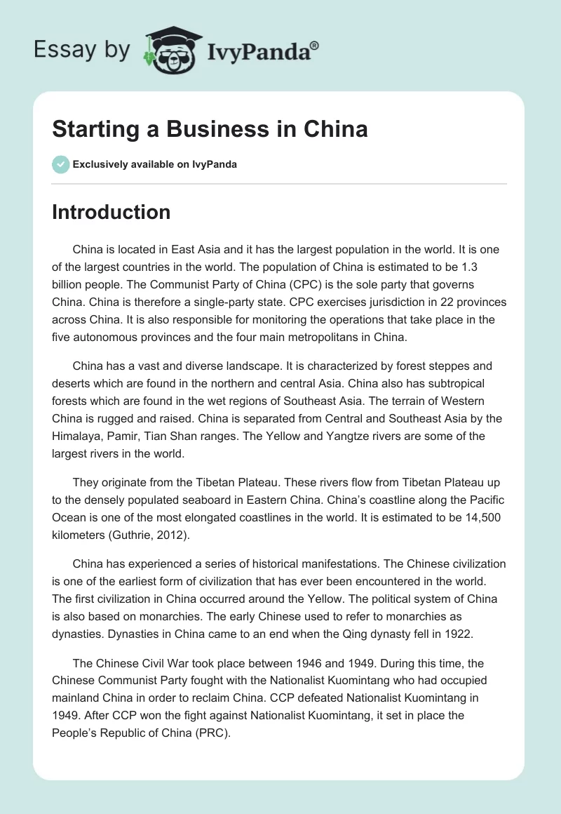 Starting a Business in China. Page 1