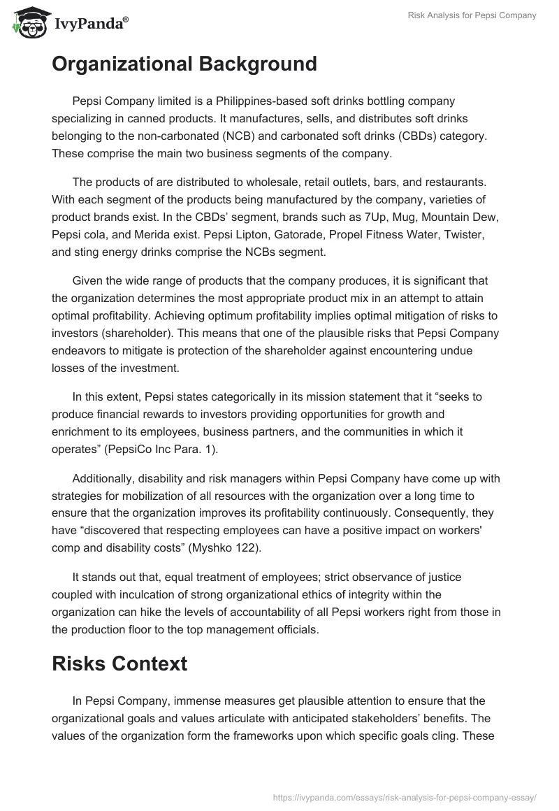 Risk Analysis for Pepsi Company. Page 3