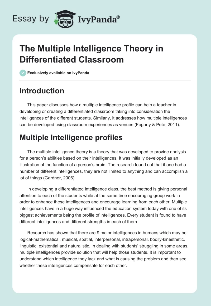 The Multiple Intelligence Theory in Differentiated Classroom. Page 1