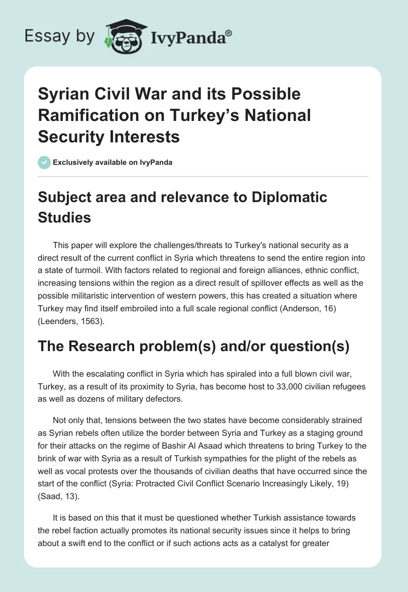 Syrian Civil War and Its Possible Ramification on Turkey’s National Security Interests. Page 1