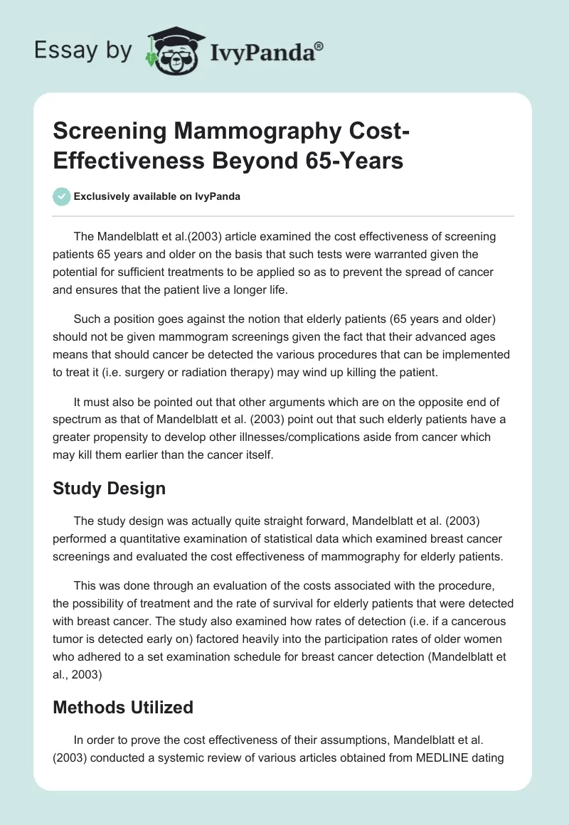 Screening Mammography Cost-Effectiveness Beyond 65-Years. Page 1