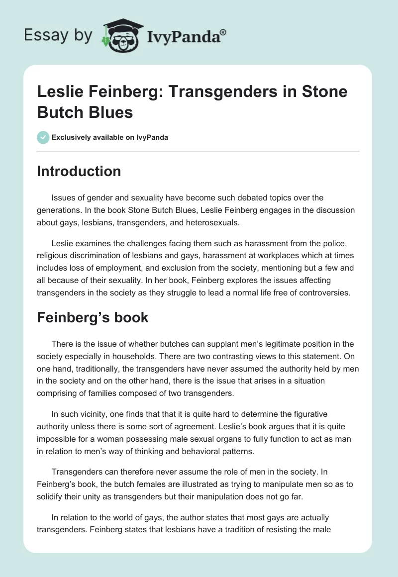 Leslie Feinberg: Transgenders in "Stone Butch Blues". Page 1