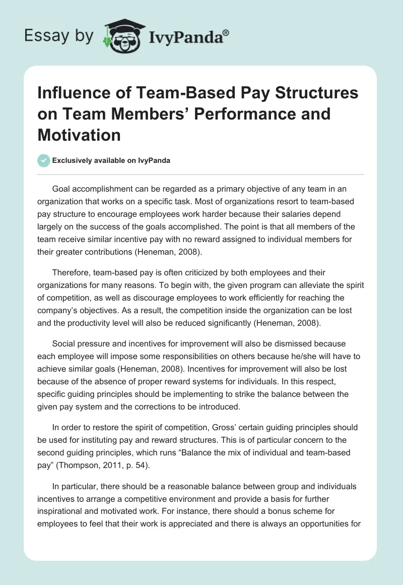Influence of Team-Based Pay Structures on Team Members’ Performance and Motivation. Page 1