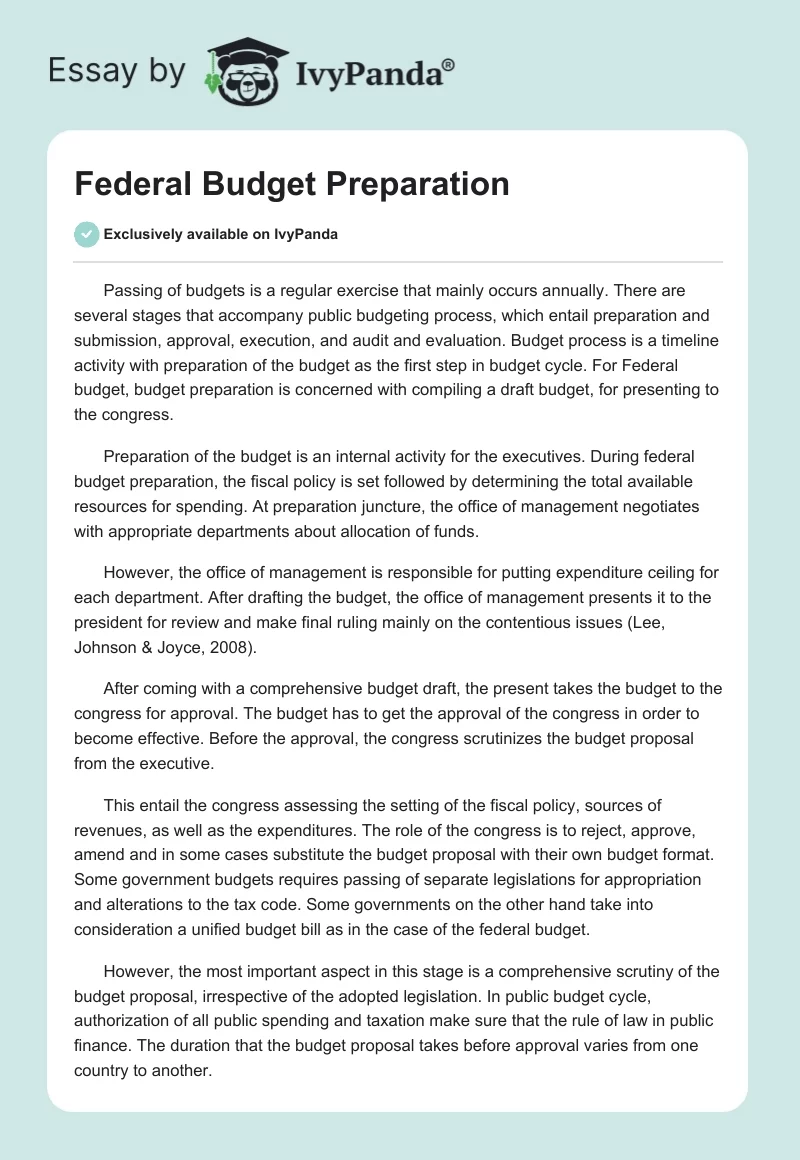 Federal Budget Preparation. Page 1