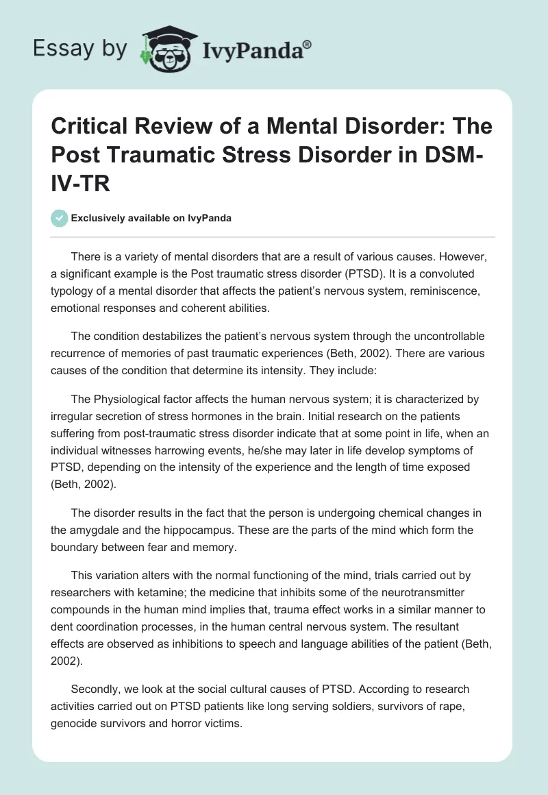 Critical Review of a Mental Disorder: The Post Traumatic Stress Disorder in DSM-IV-TR. Page 1