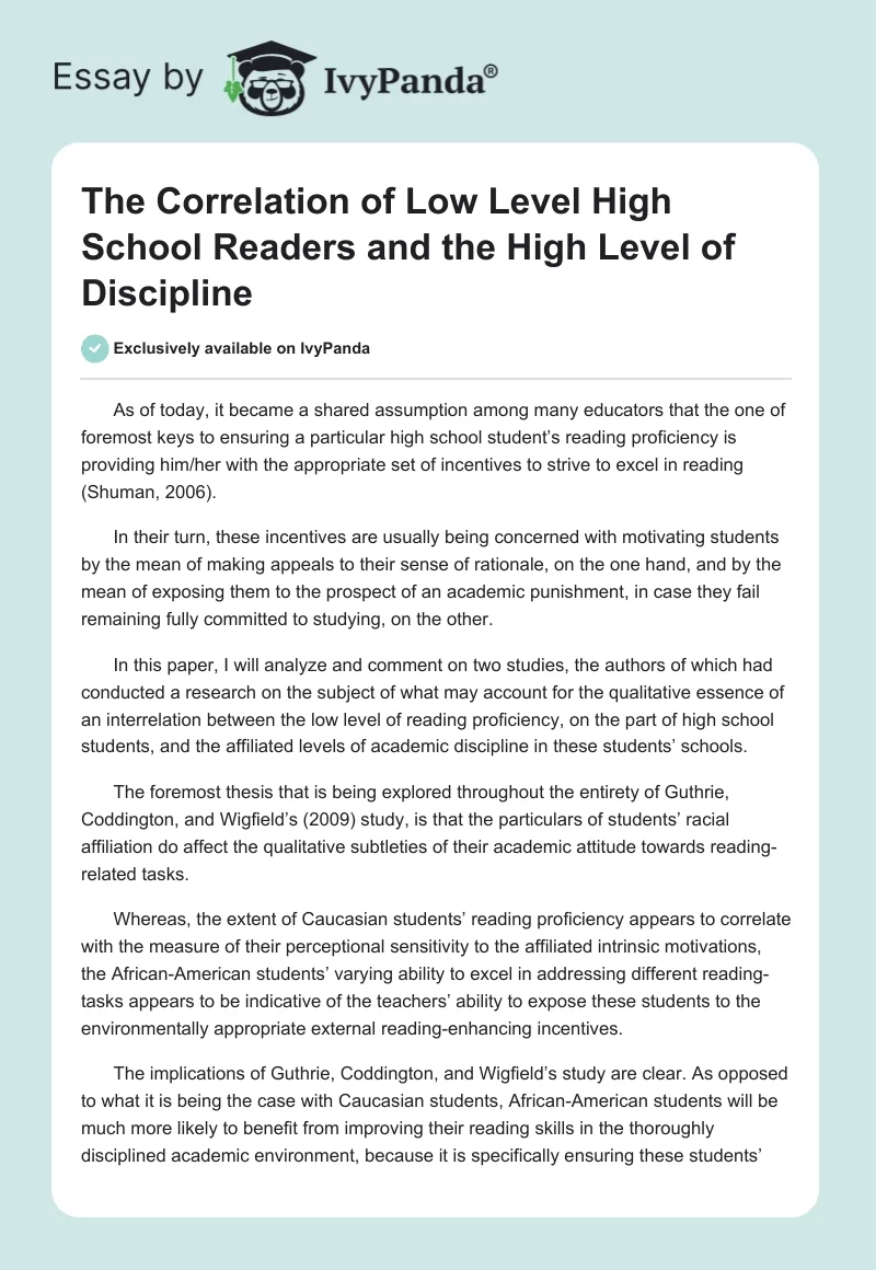 The Correlation of Low Level High School Readers and the High Level of Discipline. Page 1