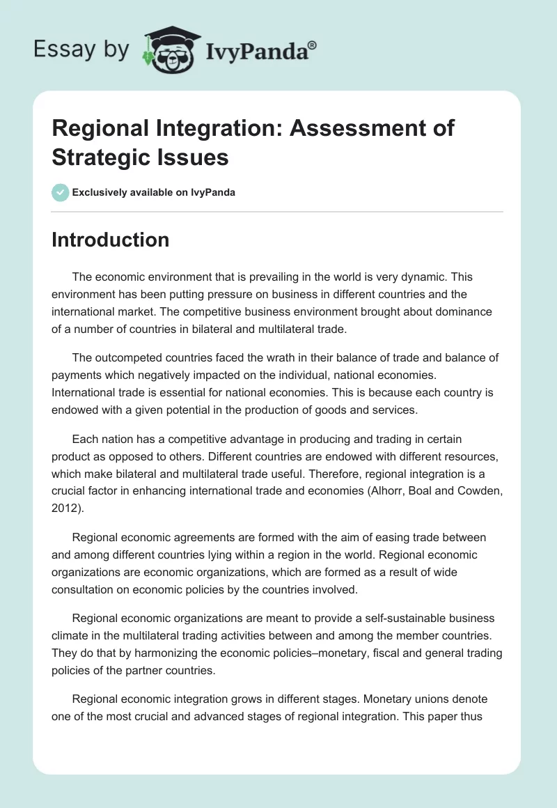 Regional Integration: Assessment of Strategic Issues. Page 1