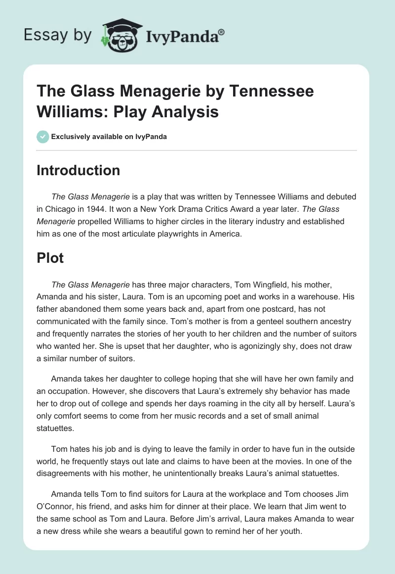 "The Glass Menagerie" by Tennessee Williams: Play Analysis. Page 1