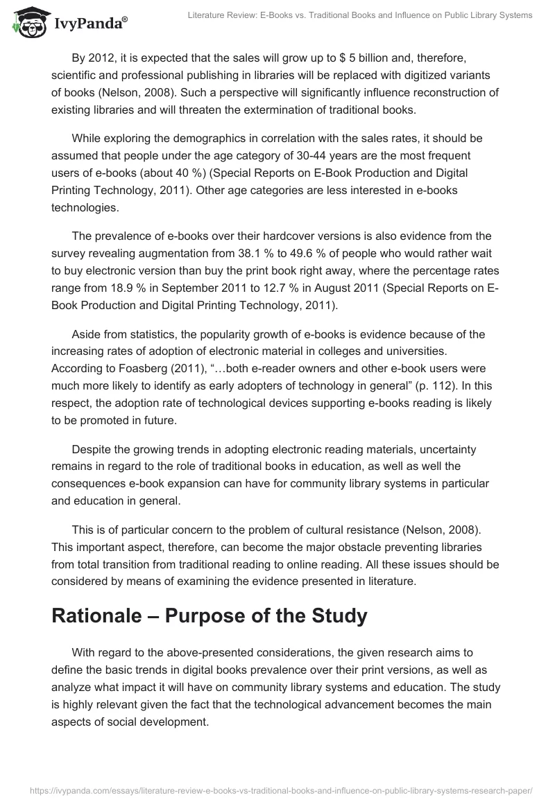 Literature Review: E-Books vs. Traditional Books and Influence on Public Library Systems. Page 2