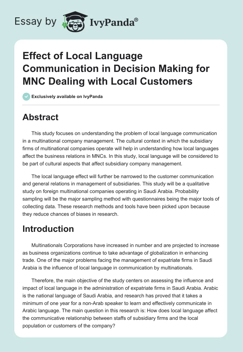 Effect of Local Language Communication in Decision Making for MNC Dealing With Local Customers. Page 1