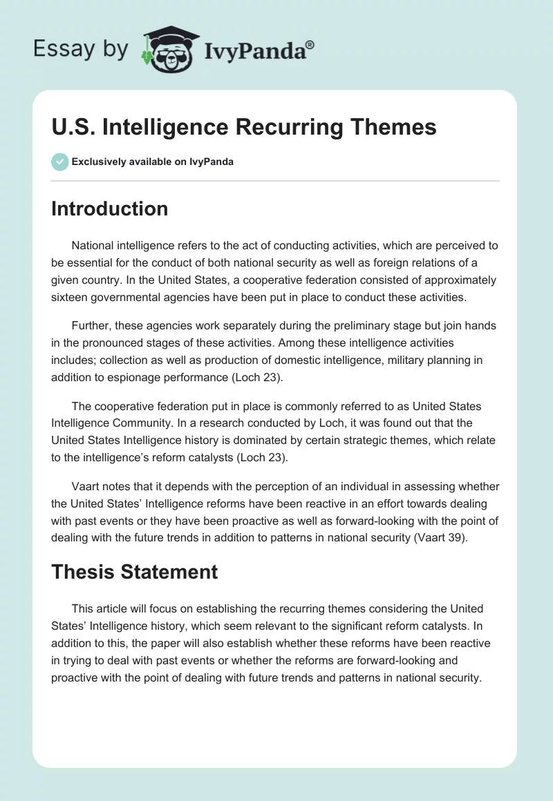U.S. Intelligence Recurring Themes. Page 1