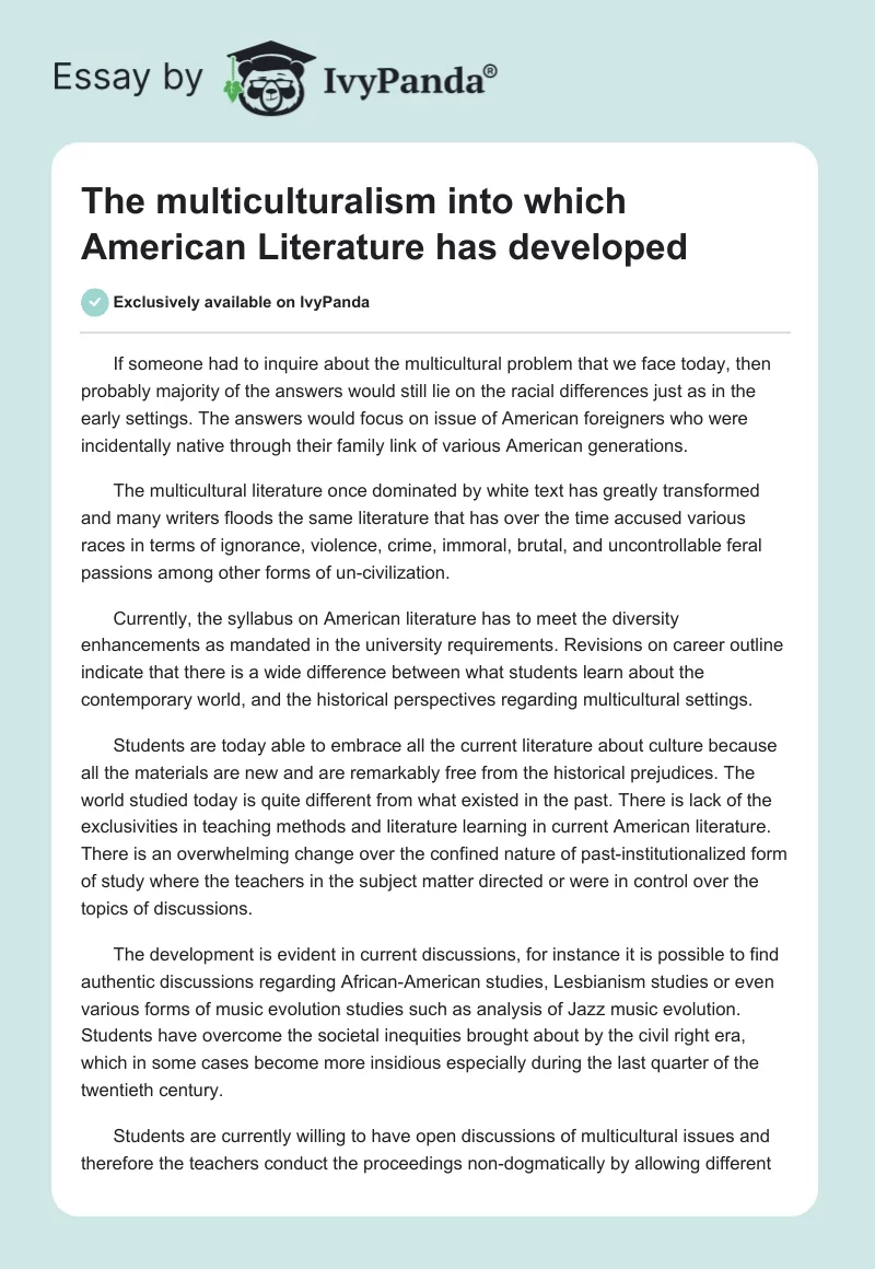 The multiculturalism into which American Literature has developed. Page 1
