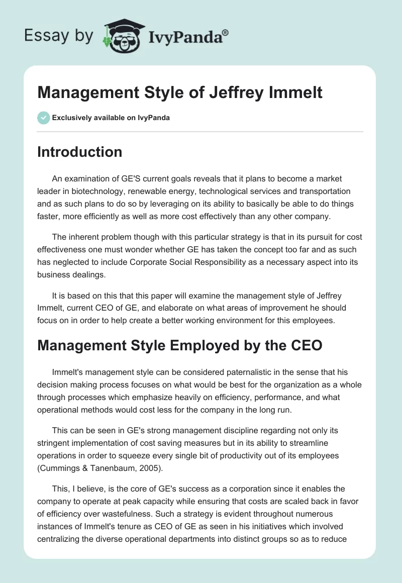 Management Style of Jeffrey Immelt. Page 1