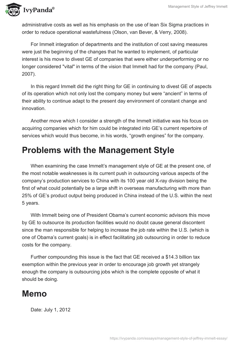 Management Style of Jeffrey Immelt. Page 2