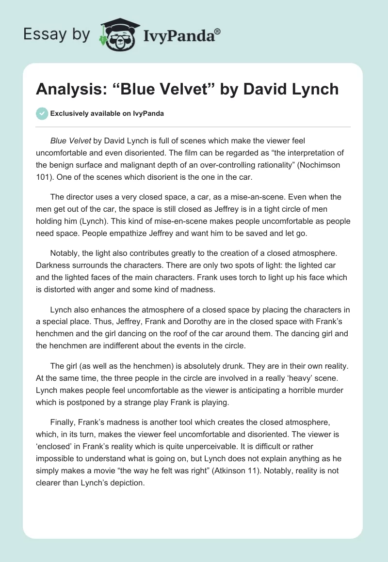 Analysis: “Blue Velvet” by David Lynch. Page 1