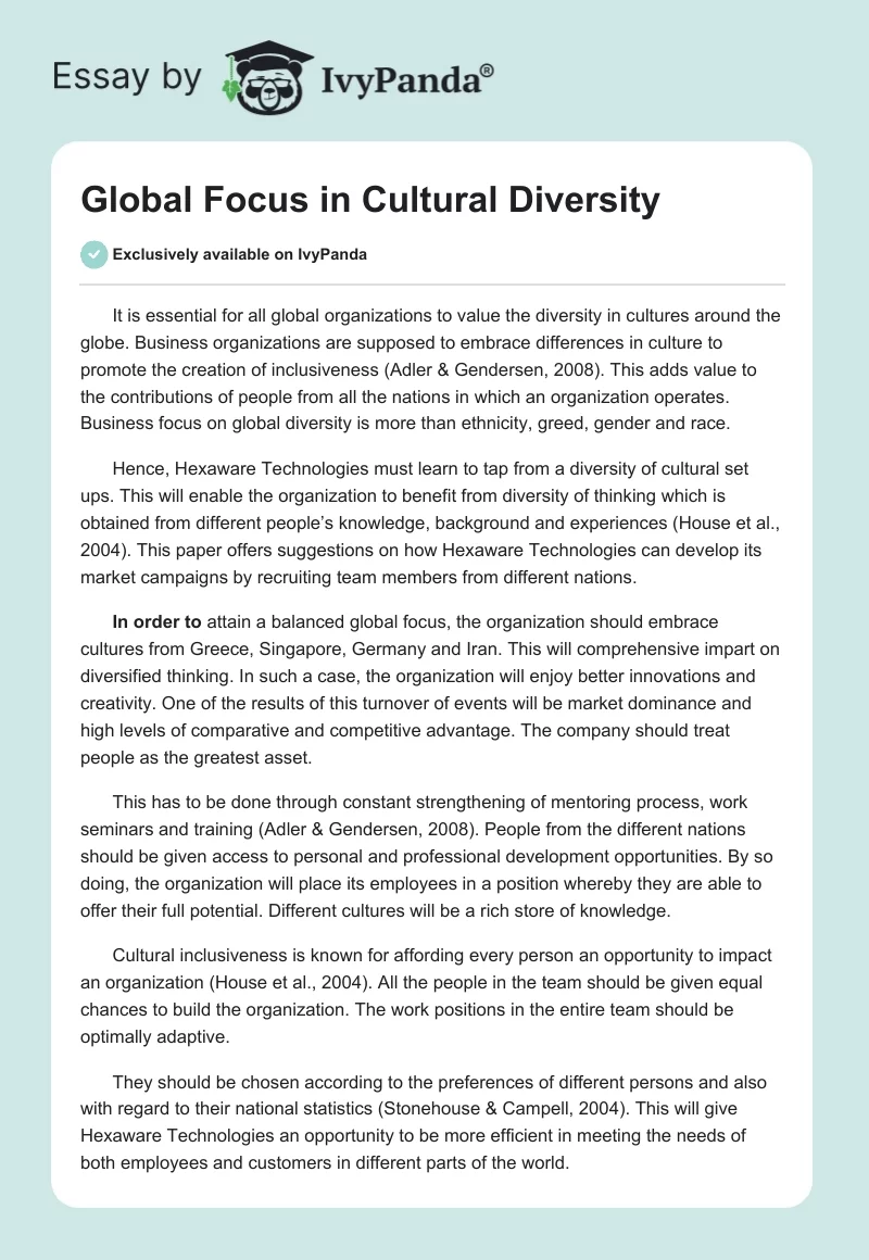 Global Focus in Cultural Diversity. Page 1