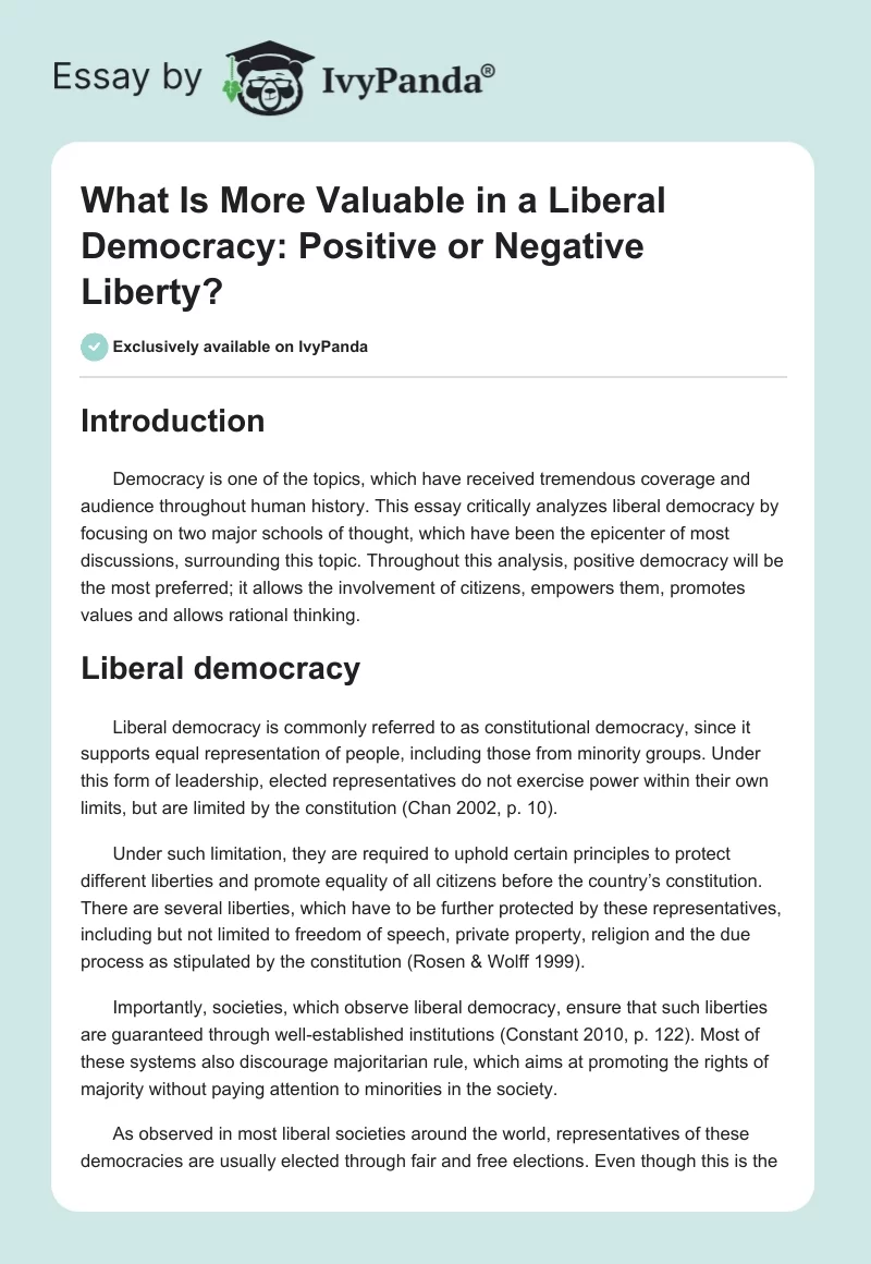 What Is More Valuable in a Liberal Democracy: Positive or Negative Liberty?. Page 1